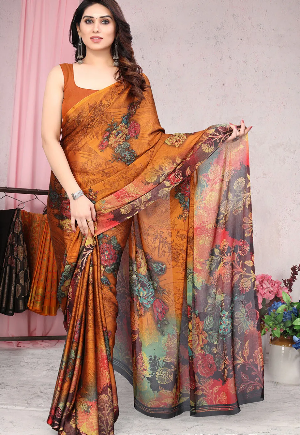 Digital Printed Chiffon Saree in Orange