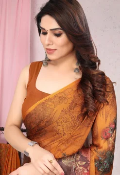 Digital Printed Chiffon Saree in Orange