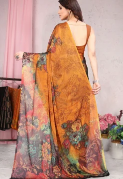Digital Printed Chiffon Saree in Orange