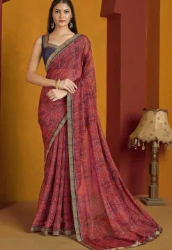 Digital Printed Chiffon Saree in Maroon