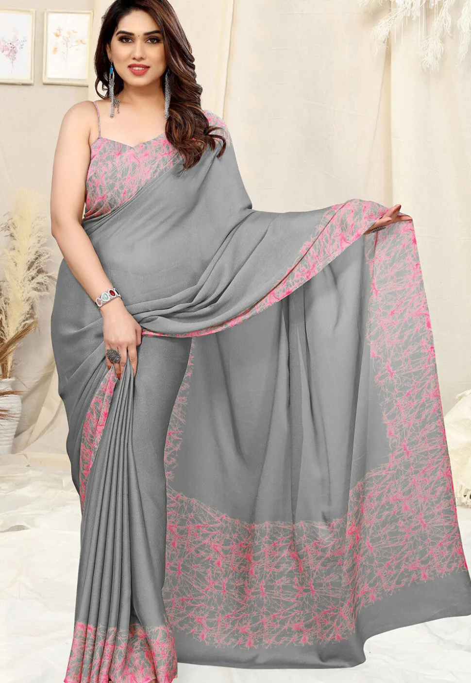 Digital Printed Chiffon Saree in Grey