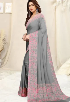 Digital Printed Chiffon Saree in Grey