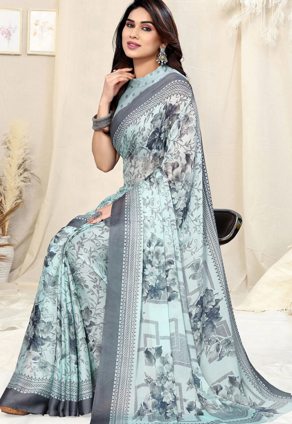 Digital Printed Chiffon Saree in Sky Blue