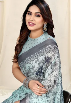 Digital Printed Chiffon Saree in Sky Blue