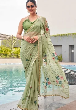 Digital Printed Chiffon Saree in Light Green