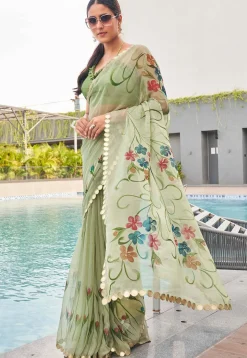 Digital Printed Chiffon Saree in Light Green