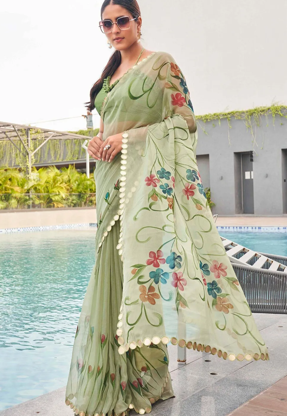 Digital Printed Chiffon Saree in Light Green