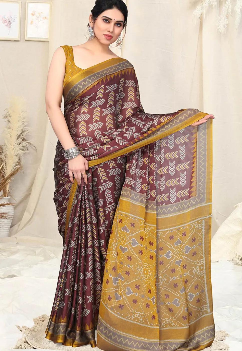Digital Printed Chiffon Saree in Maroon