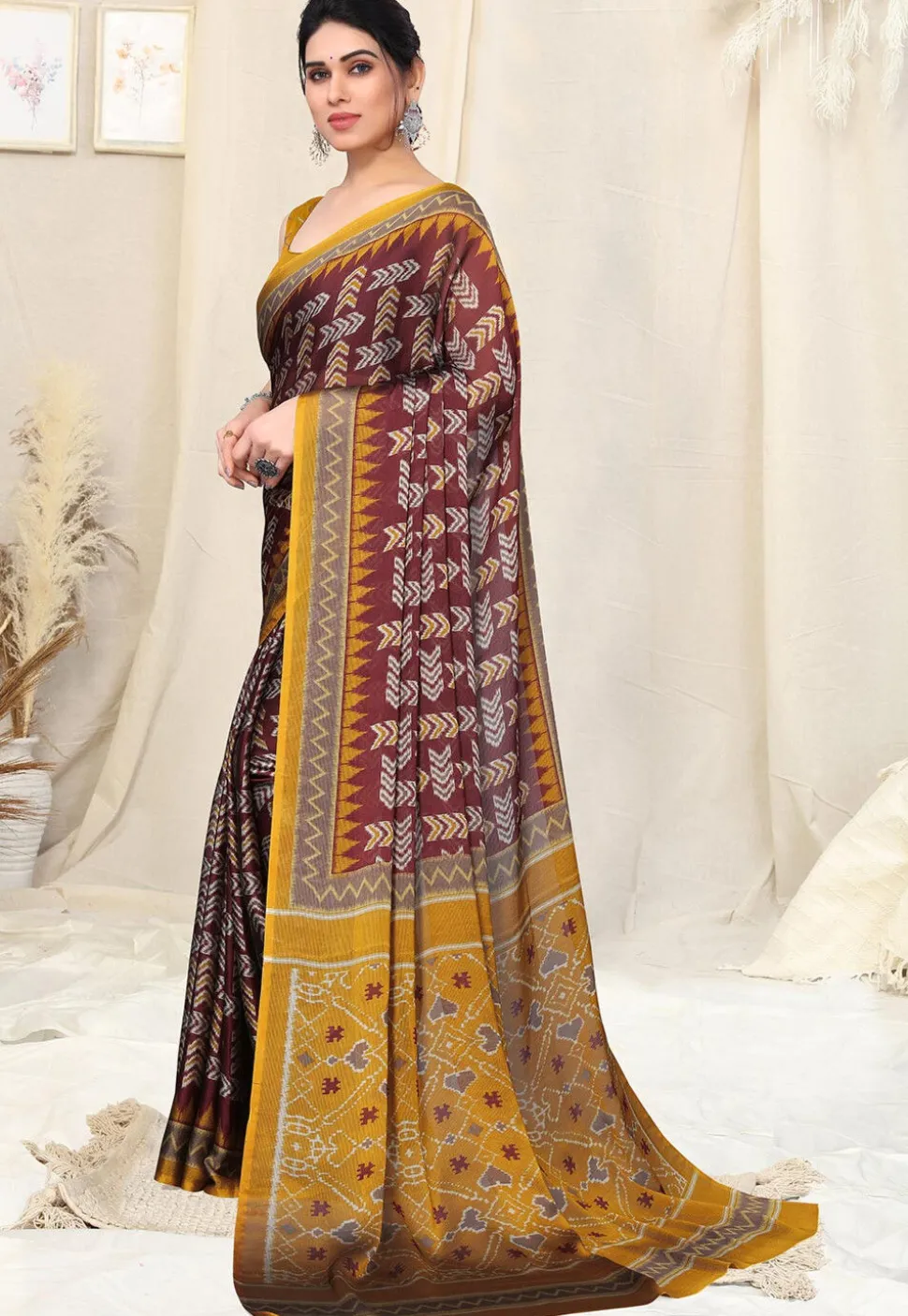 Digital Printed Chiffon Saree in Maroon
