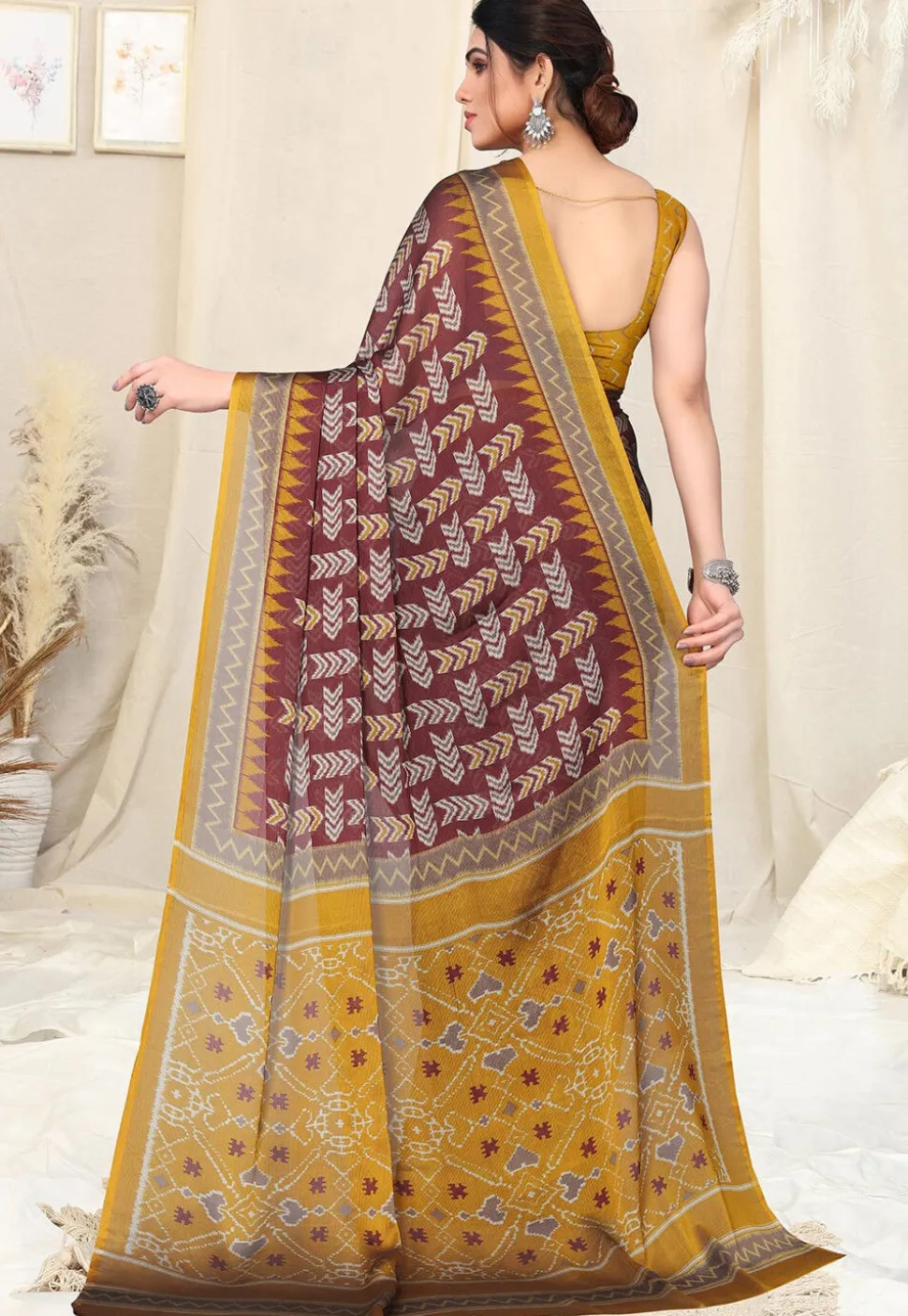 Digital Printed Chiffon Saree in Maroon