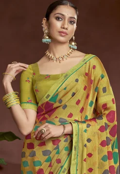 Digital Printed Chiffon Saree in Mustard