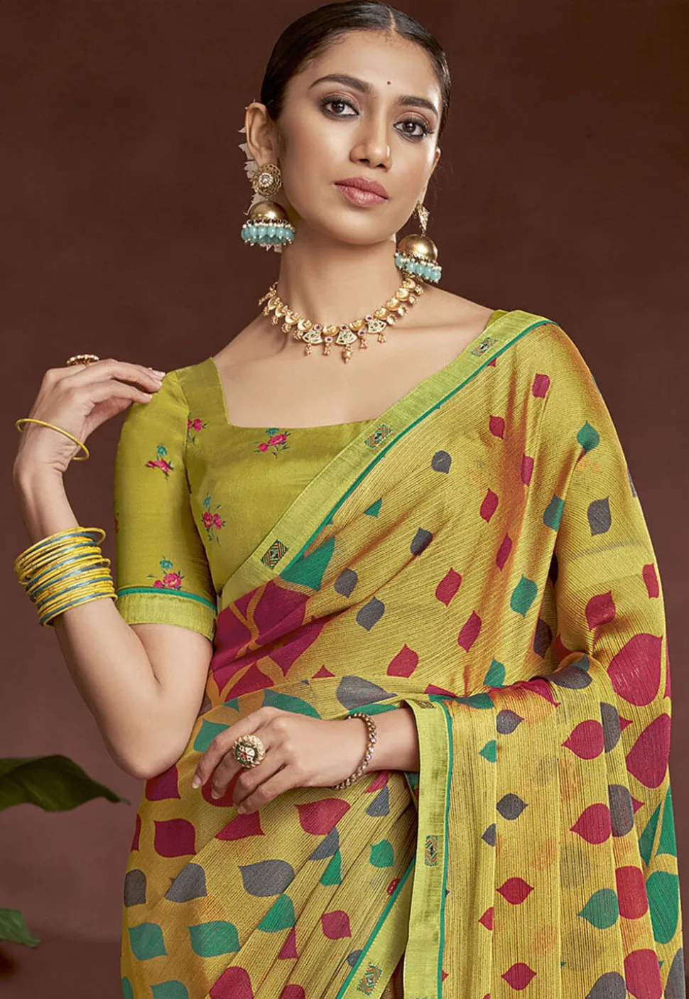 Digital Printed Chiffon Saree in Mustard
