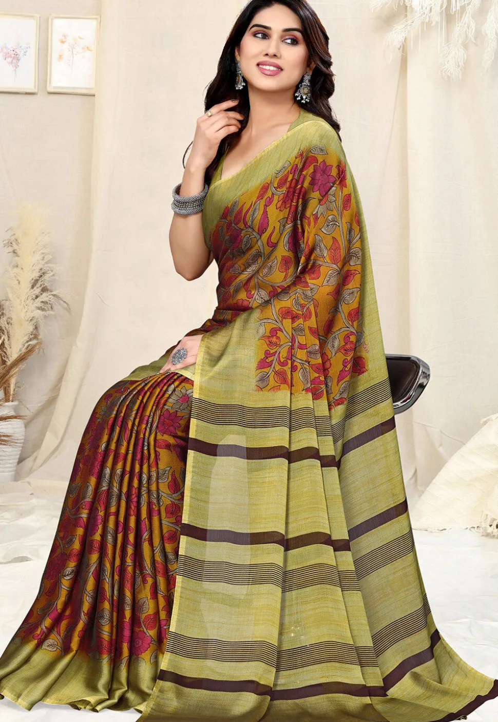 Digital Printed Chiffon Saree in Olive Green