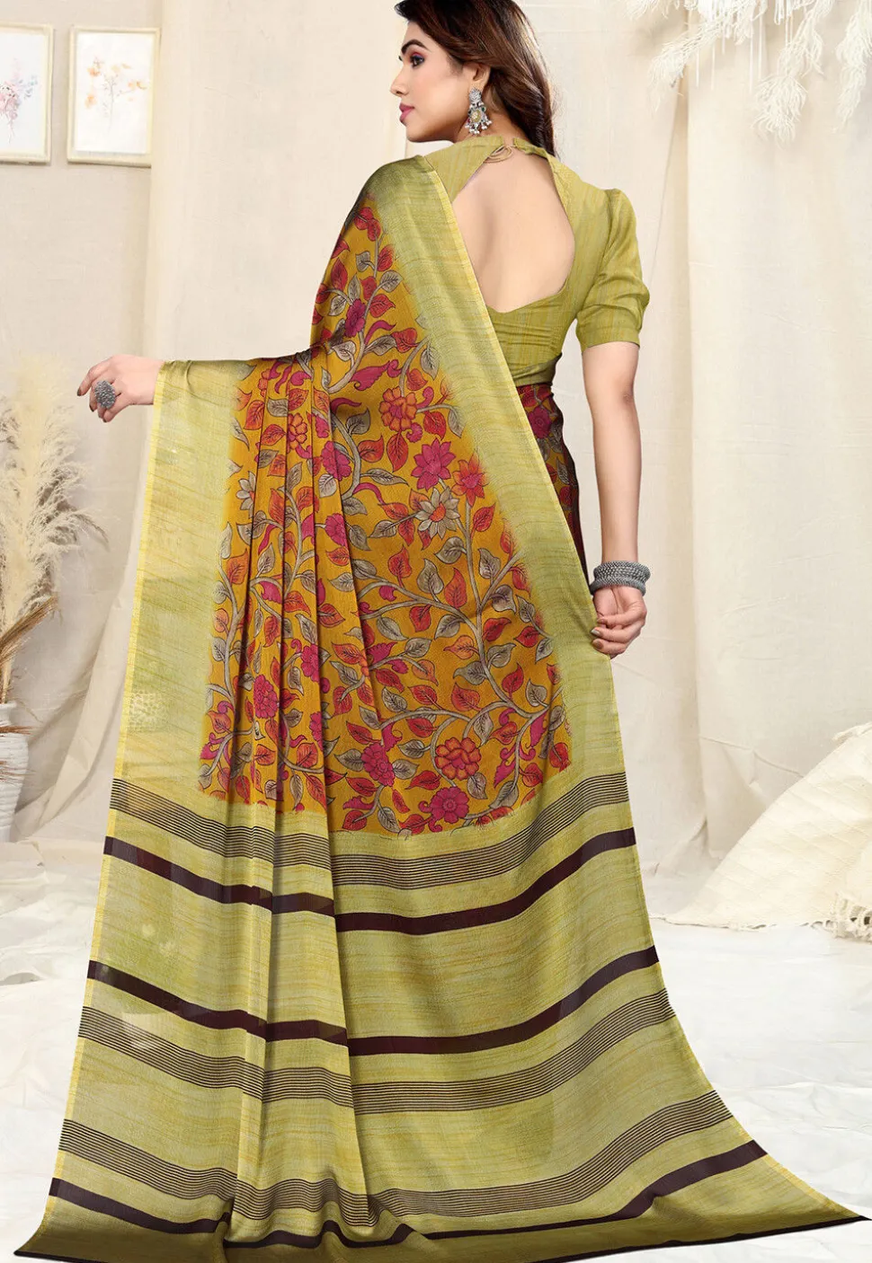 Digital Printed Chiffon Saree in Olive Green