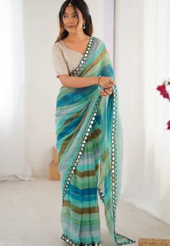 Digital Printed Chiffon Saree in Blue