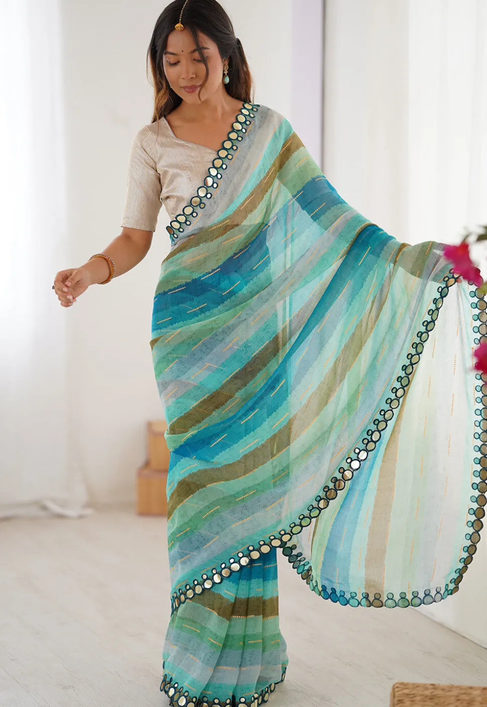 Digital Printed Chiffon Saree in Blue