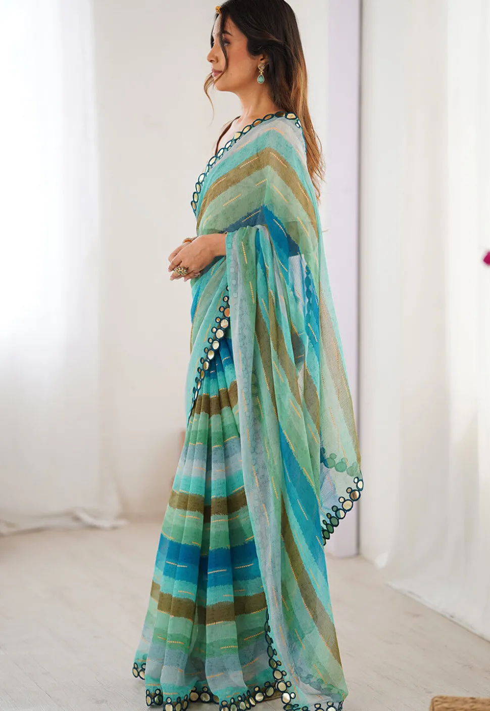 Digital Printed Chiffon Saree in Blue