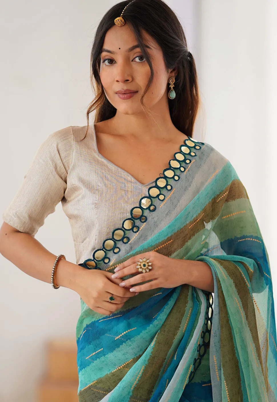 Digital Printed Chiffon Saree in Blue