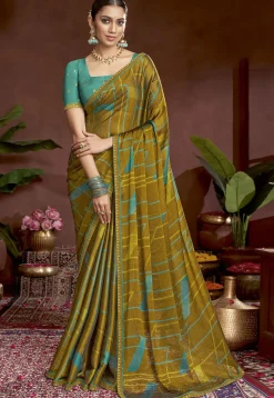 Digital Printed Chiffon Saree in Olive Green