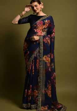 Digital Printed Chiffon Saree in Navy Blue