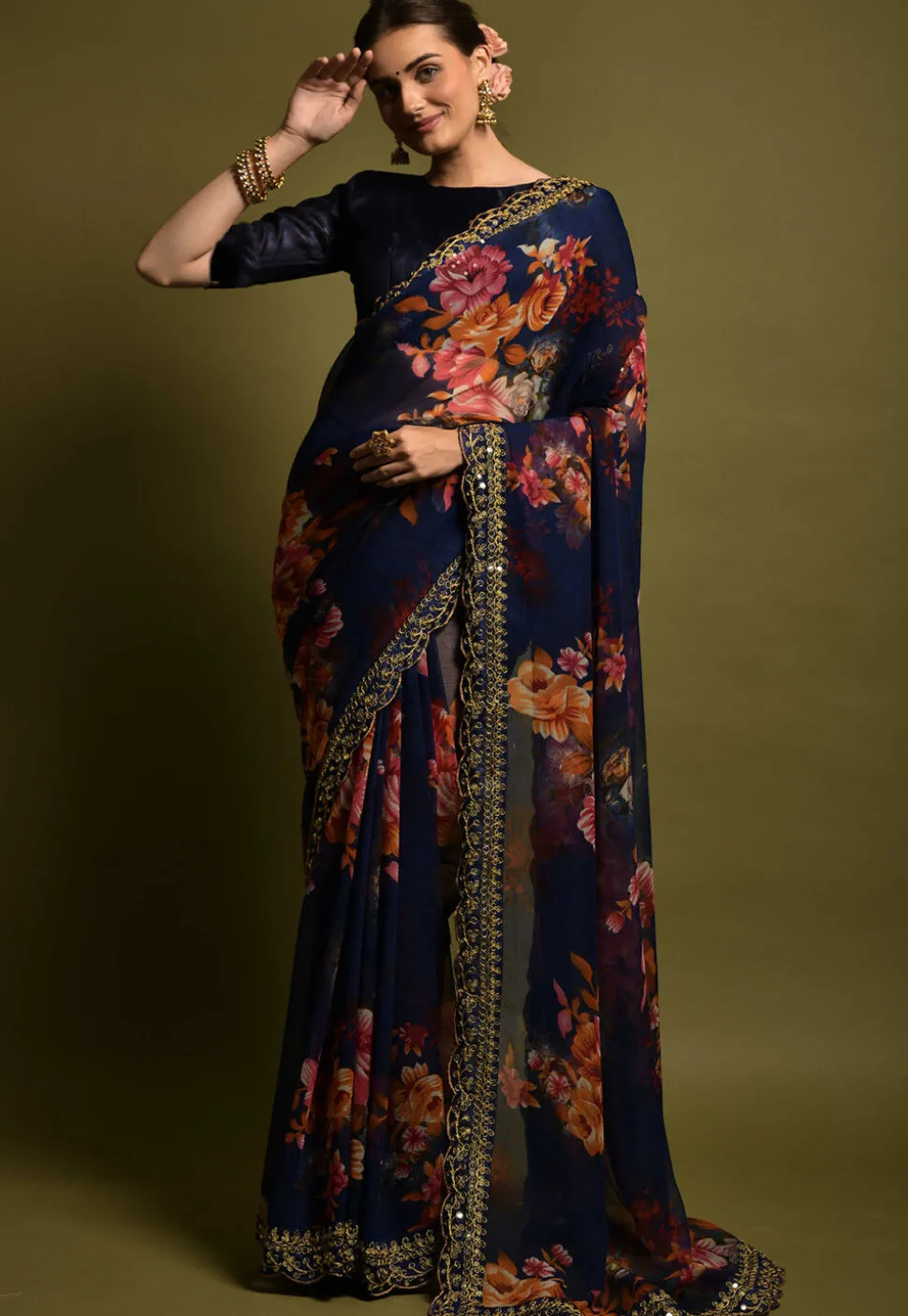 Digital Printed Chiffon Saree in Navy Blue
