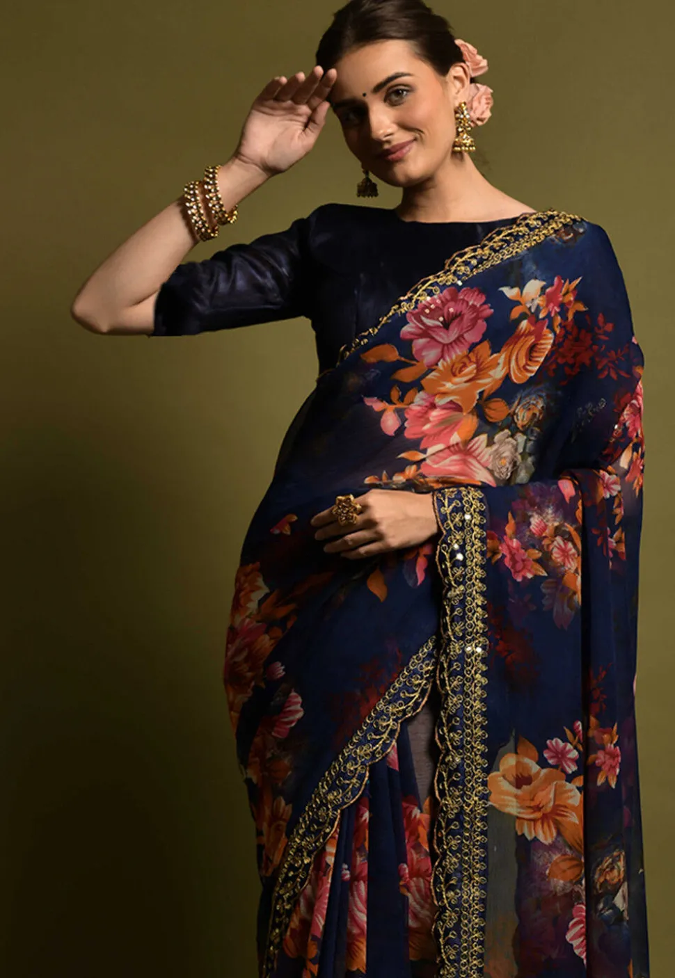 Digital Printed Chiffon Saree in Navy Blue