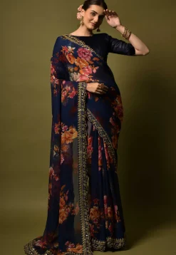 Digital Printed Chiffon Saree in Navy Blue