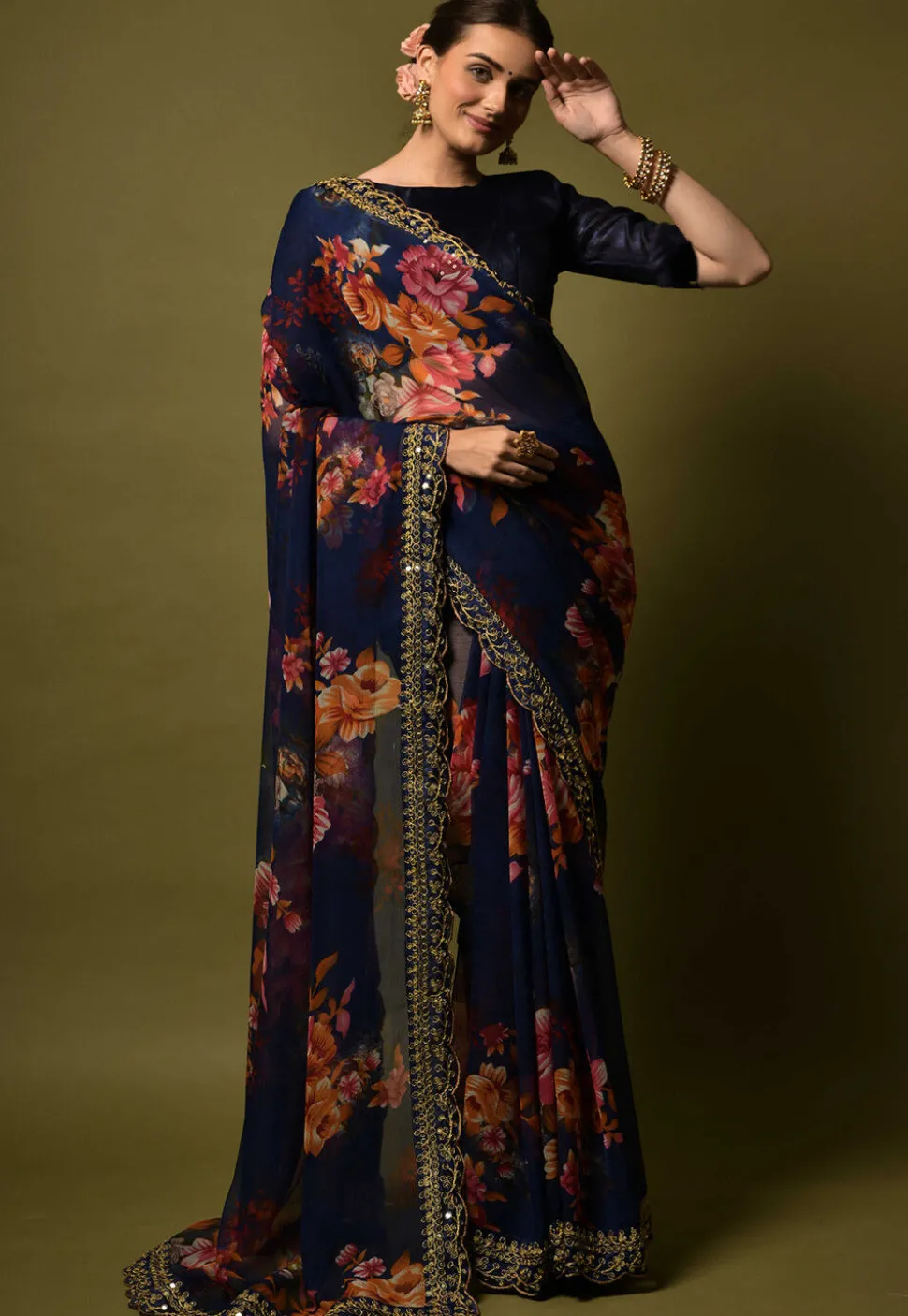 Digital Printed Chiffon Saree in Navy Blue