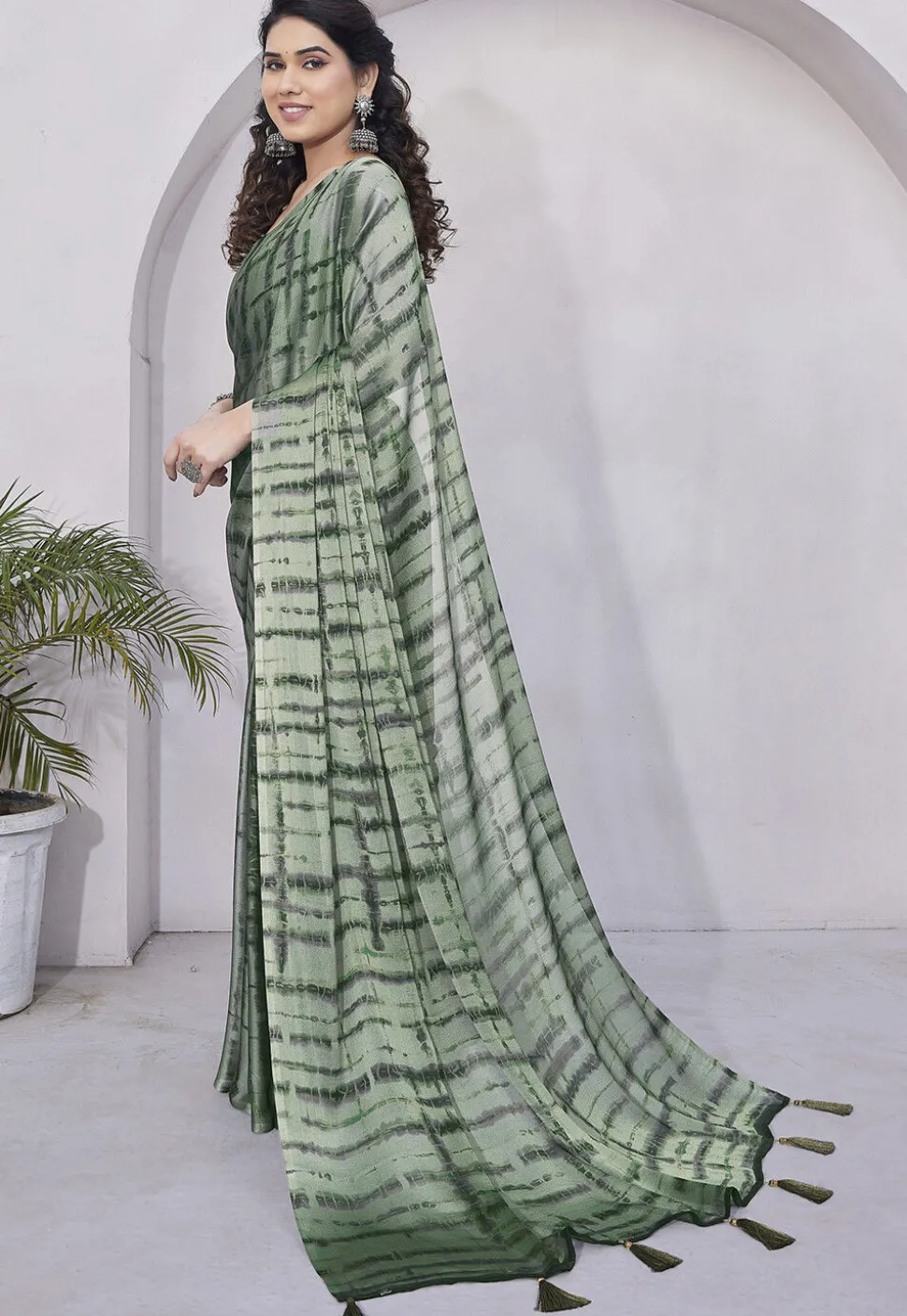 Digital Printed Chiffon Saree in Dusty Green