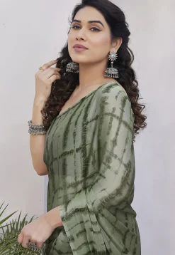 Digital Printed Chiffon Saree in Dusty Green