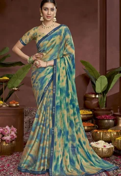 Digital Printed Chiffon Saree in Blue