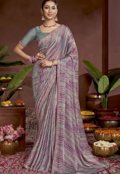 Digital Printed Chiffon Saree in Purple