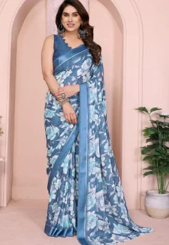 Digital Printed Chiffon Saree in Blue