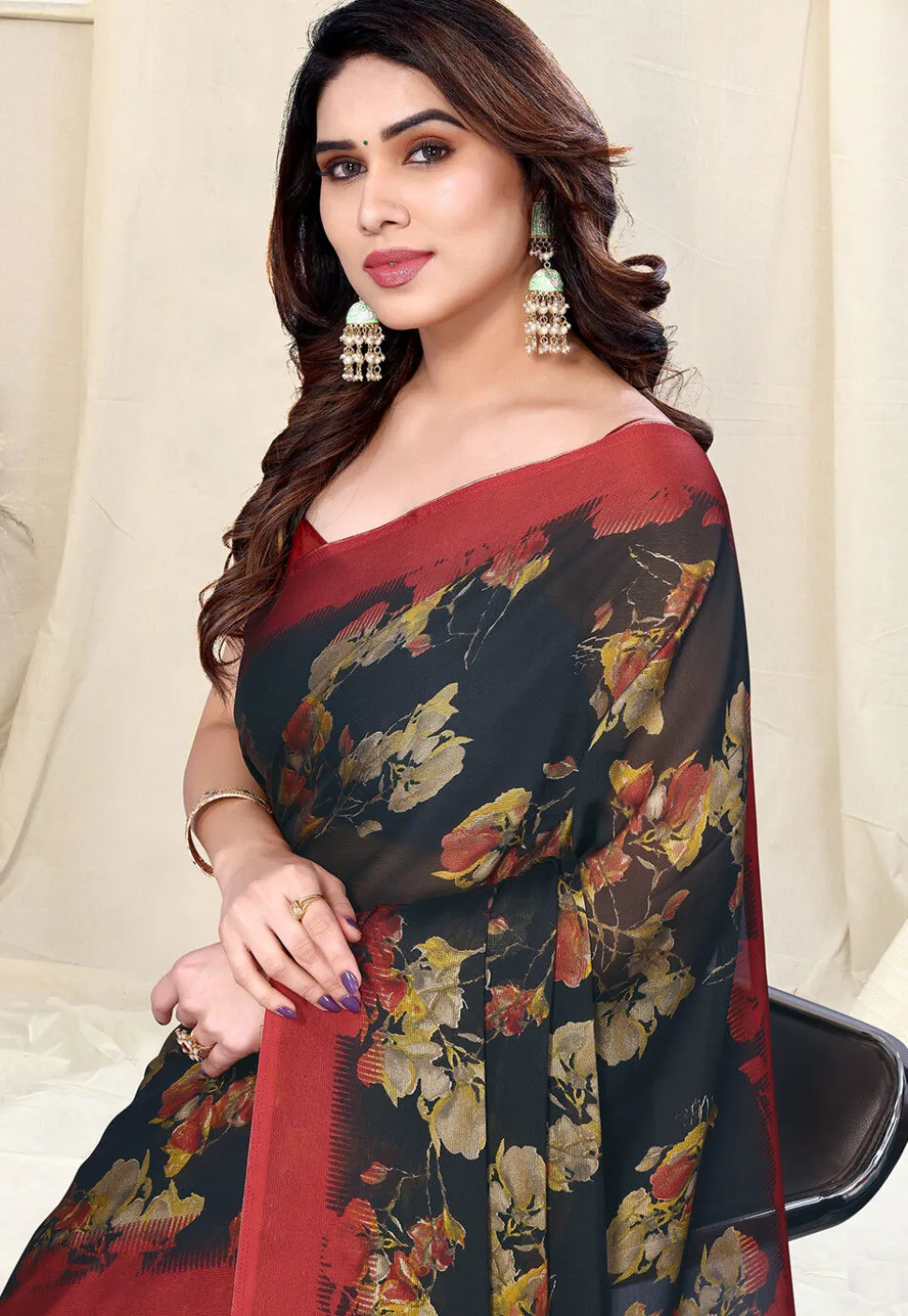 Digital Printed Chiffon Saree in Black