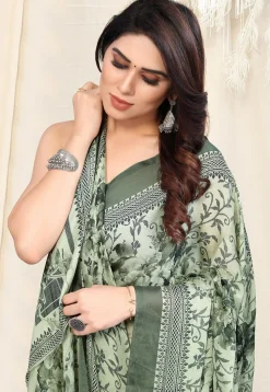 Digital Printed Chiffon Saree in Light Green