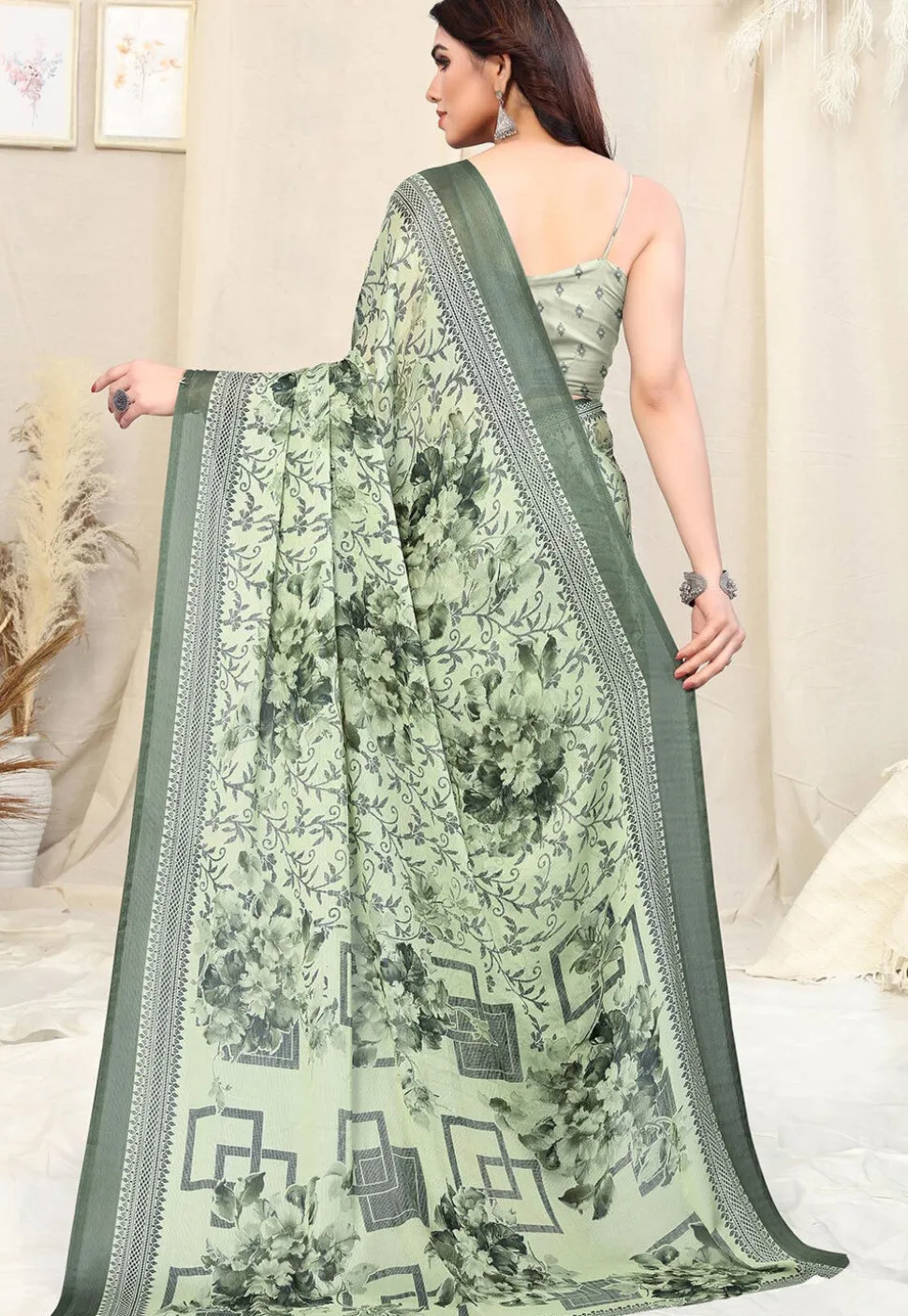 Digital Printed Chiffon Saree in Light Green