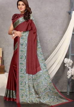 Digital Printed Chiffon Saree in Maroon