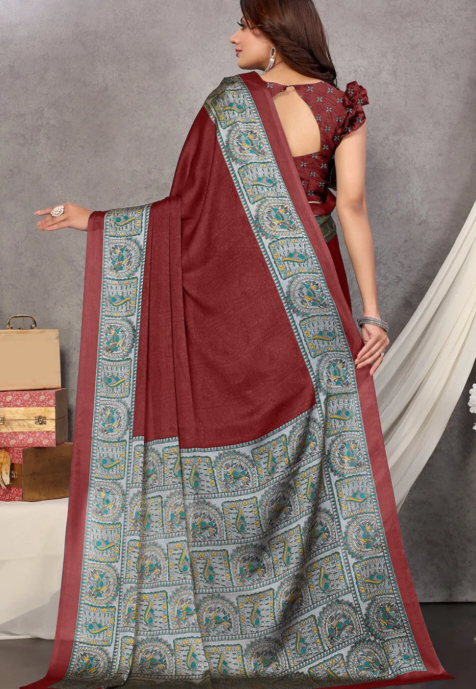 Digital Printed Chiffon Saree in Maroon