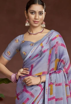 Digital Printed Chiffon Saree in Purple
