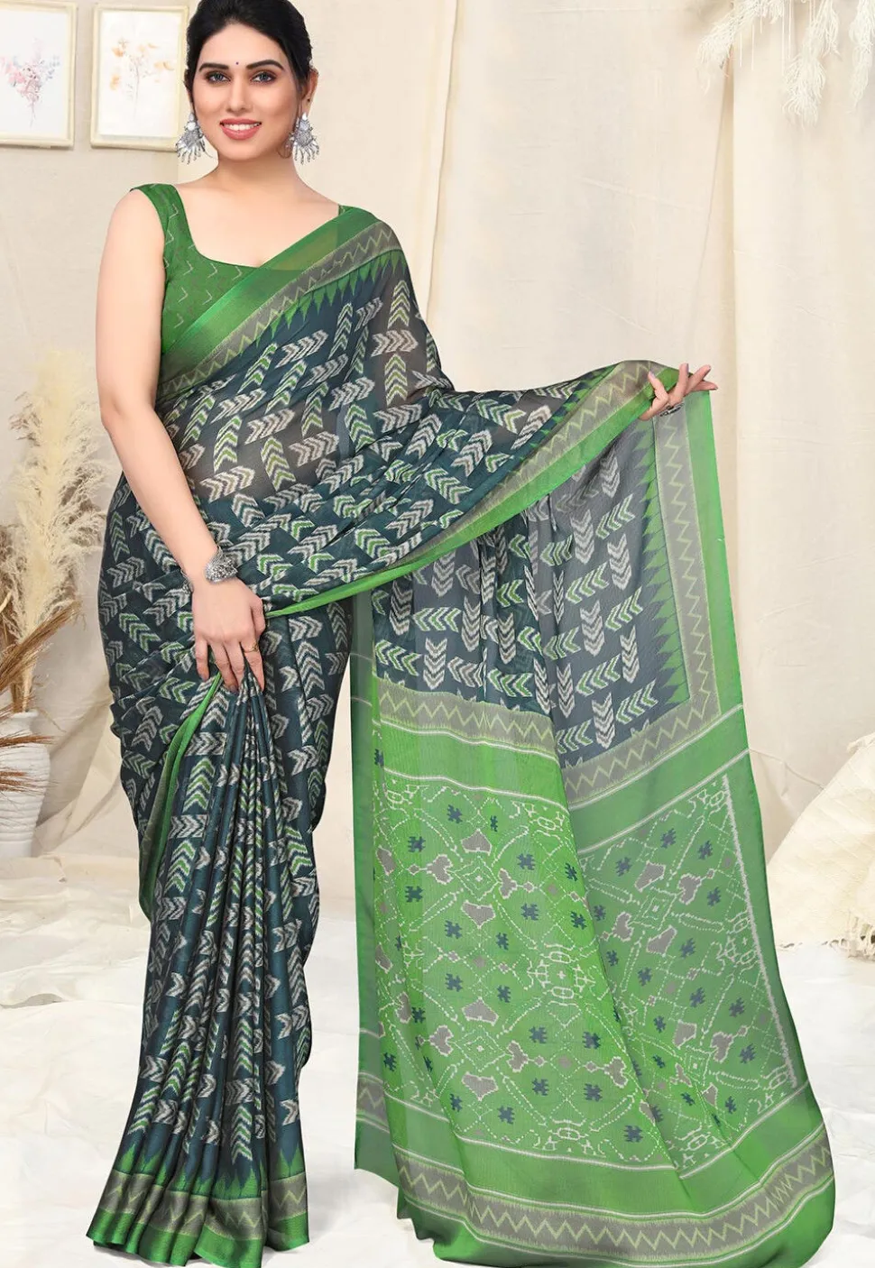 Digital Printed Chiffon Saree in Blue