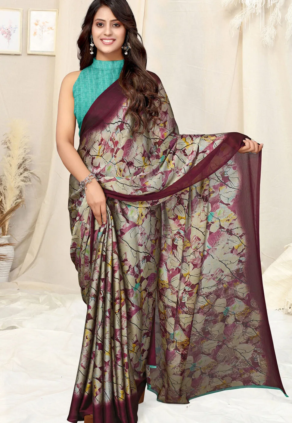 Digital Printed Chiffon Saree in Beige