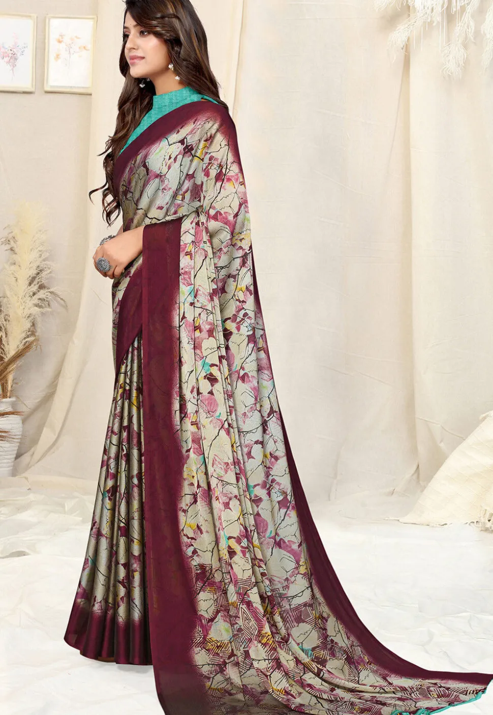 Digital Printed Chiffon Saree in Beige