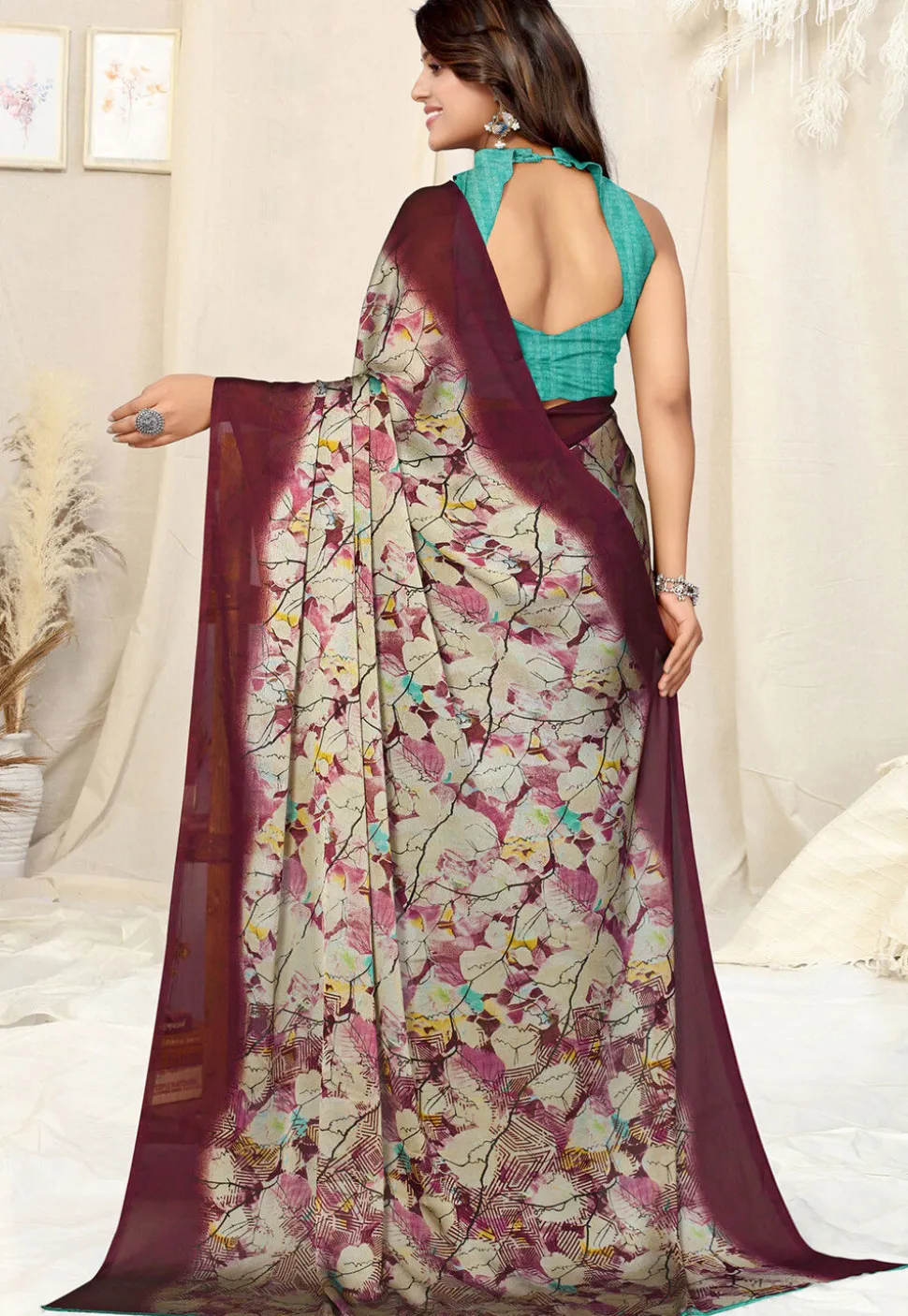 Digital Printed Chiffon Saree in Beige