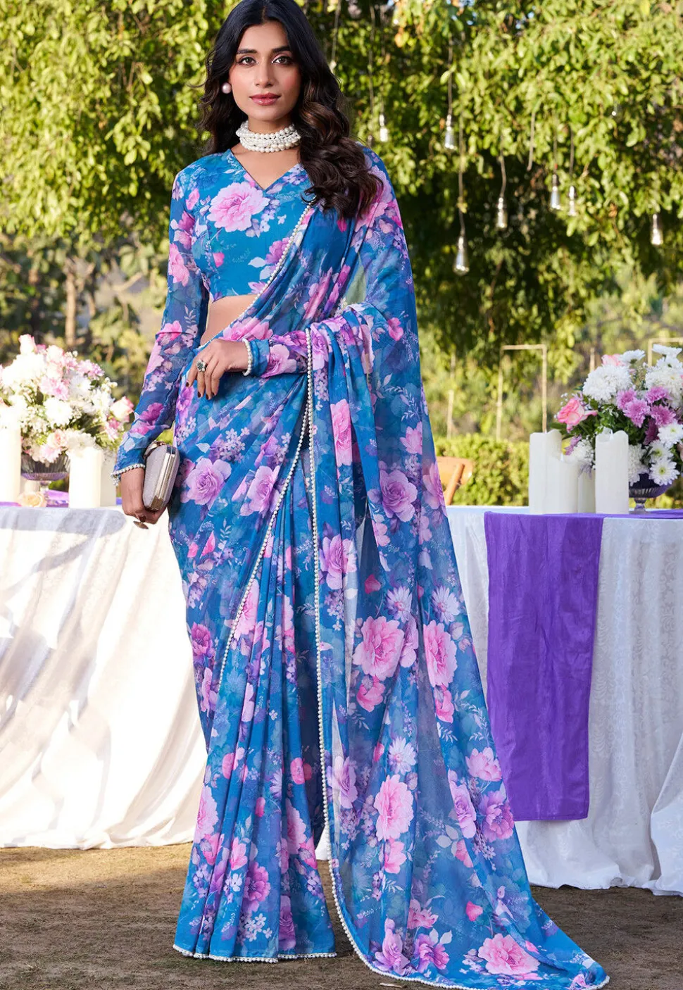 Digital Printed Chiffon Saree in Blue