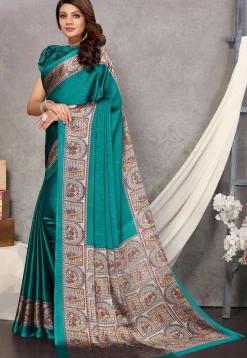 Digital Printed Chiffon Saree in Teal Green