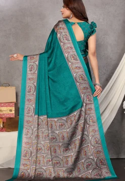 Digital Printed Chiffon Saree in Teal Green