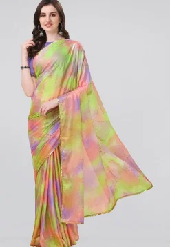 Digital Printed Chiffon Saree in Light Green and Purple