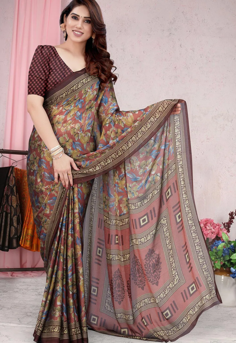 Digital Printed Chiffon Saree in Maroon