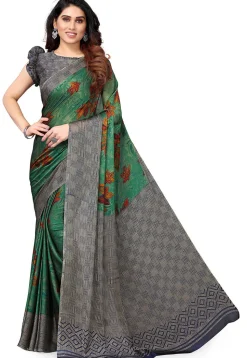 Digital Printed Chiffon Saree in Green