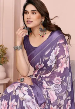 Digital Printed Chiffon Saree in Purple